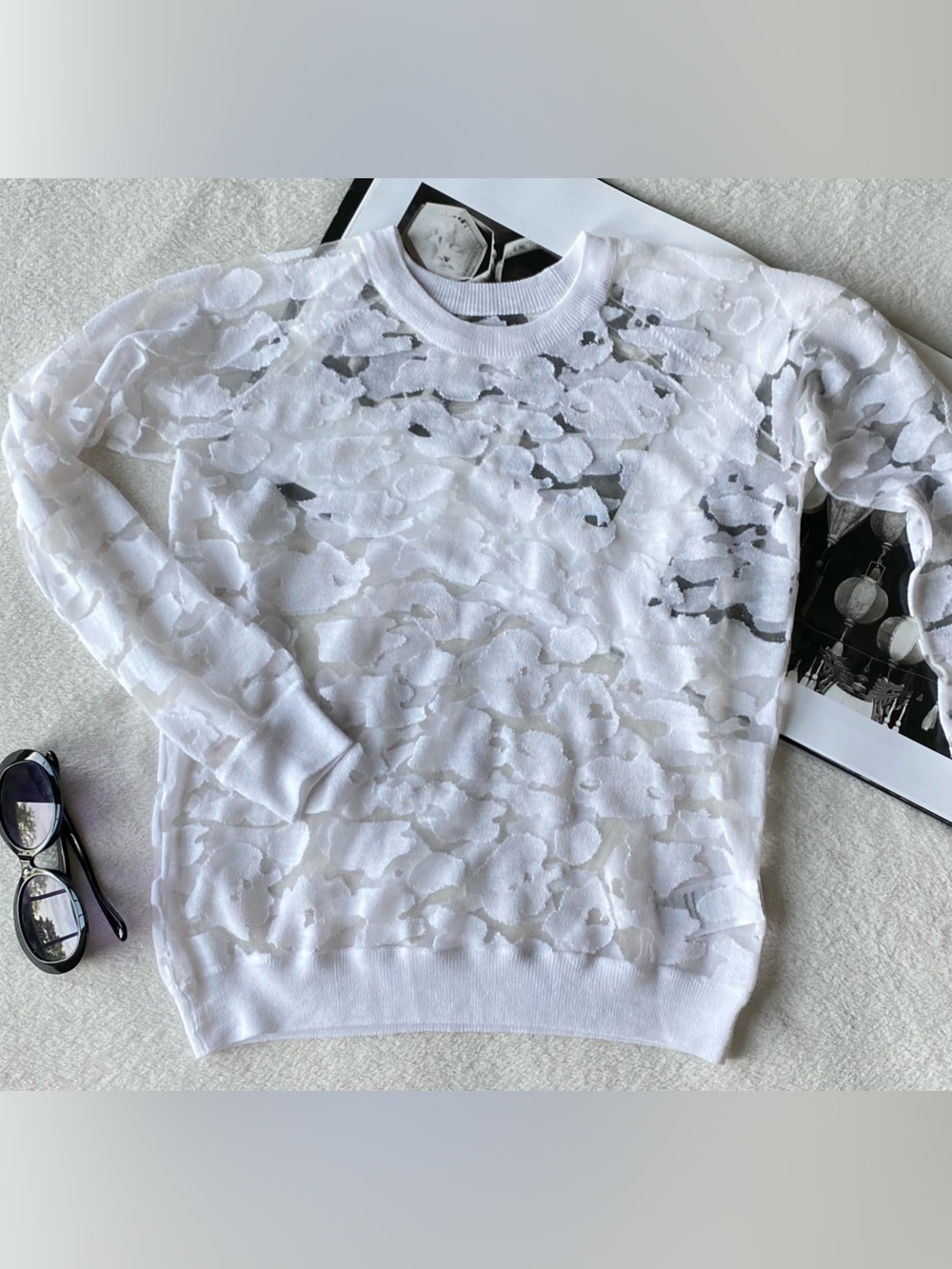 Eleven Paris La Collection White Textured Sheer Long Sleeve Knit Sweater Size 34 - Picture 6 of 14
